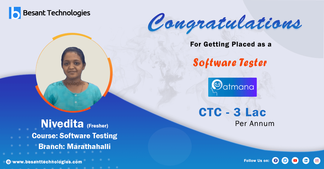 Besant Technologies marathahalli Review | Fresher Nivedita Got Placed as Software Tester with 3L PA